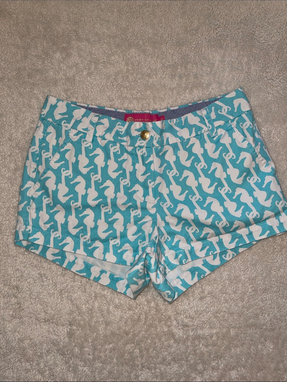 Macbeth Collection by Margaret Josephs Aqua and White Seahorse Print Jean Shorts